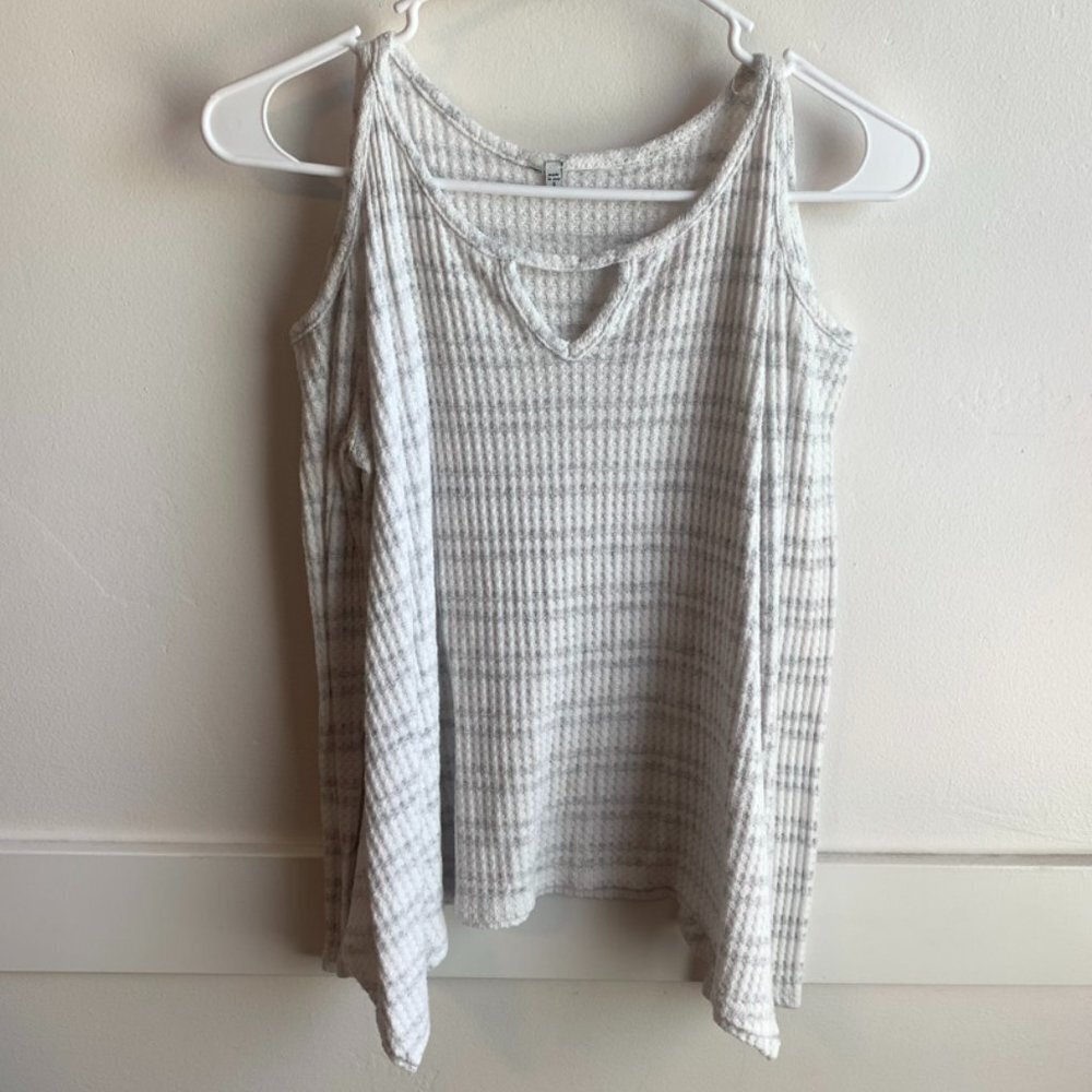 American Eagle White & Gray Striped Waffle Knit Cold Shoulder Long Sleeve Shirt